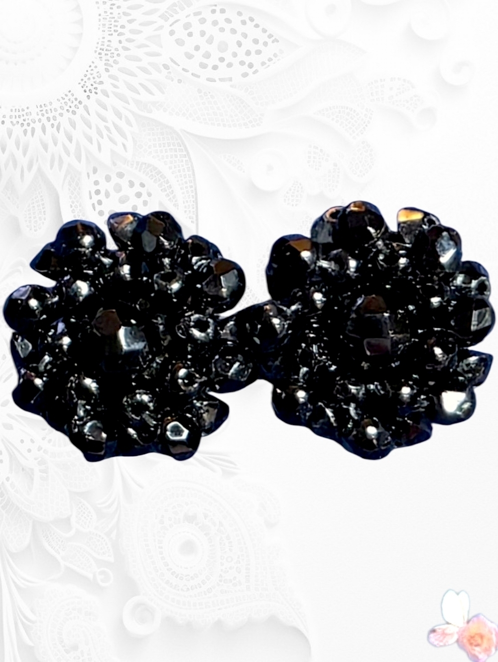 Vintage West Germany Black Cluster Clip On Earrings Faceted Glass 883
